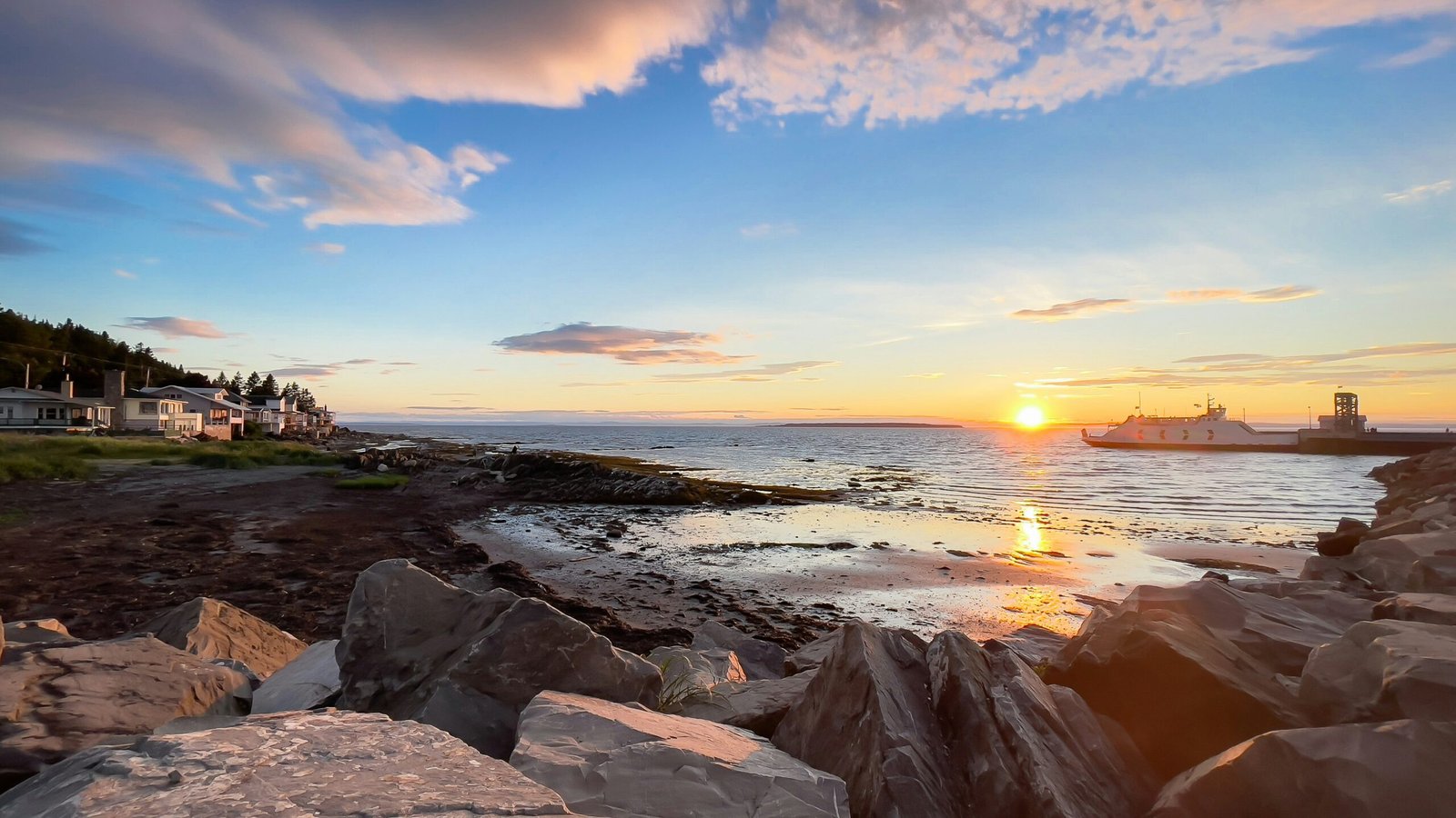 a rocky beach with a sunset